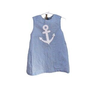 Petit Pomme Anchor Applique Seersucker Dress 24 Mths Blue White Sleeveless